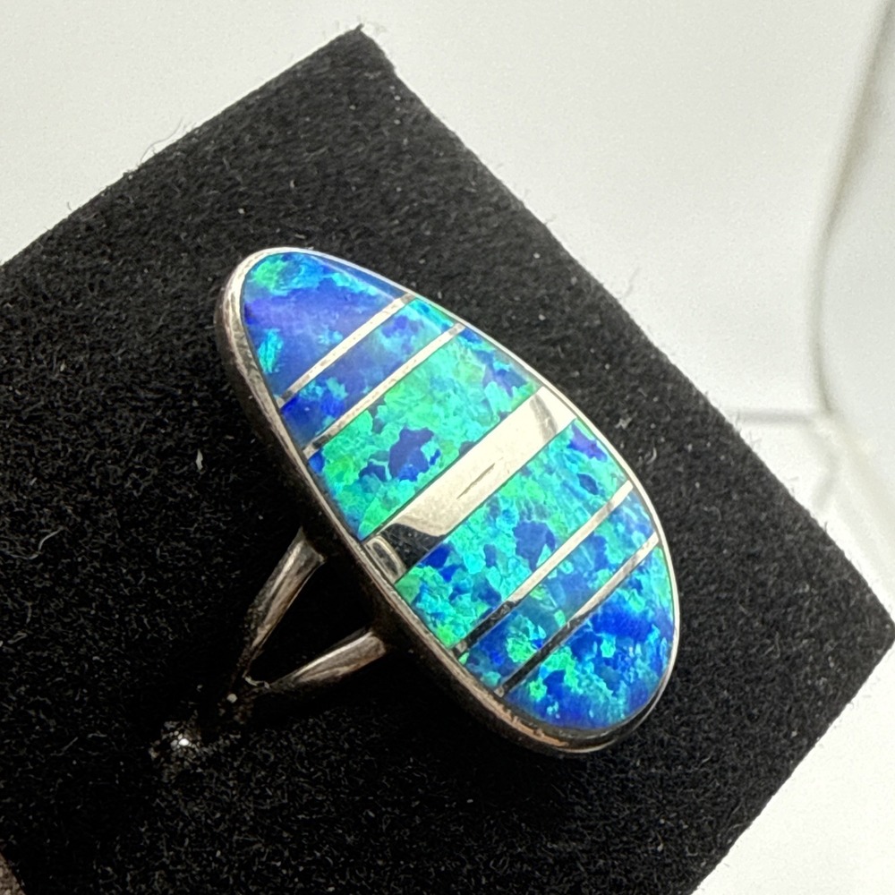 Man Made Vivid Blue Opal Inlay Ring Sterling Silver 925 Size 6 Philippines‎